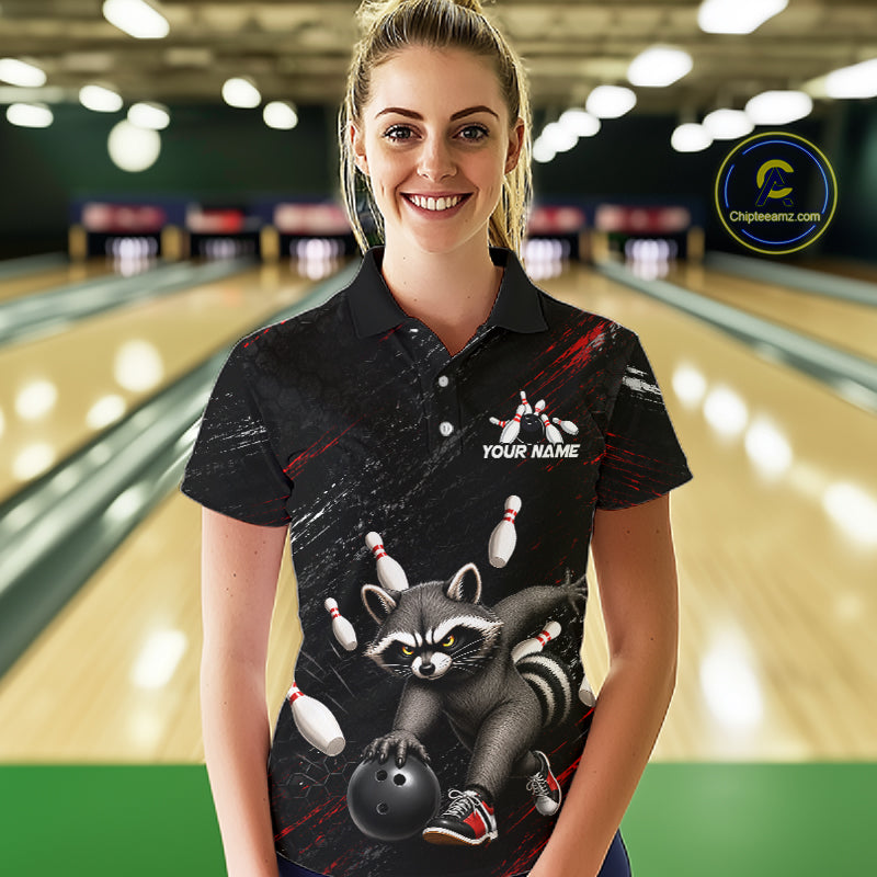 Funny Raccoon Custom Bowling Jersey for Women Bowling Team Shirts Bowling League Polo & 1/4 Zip HNT492