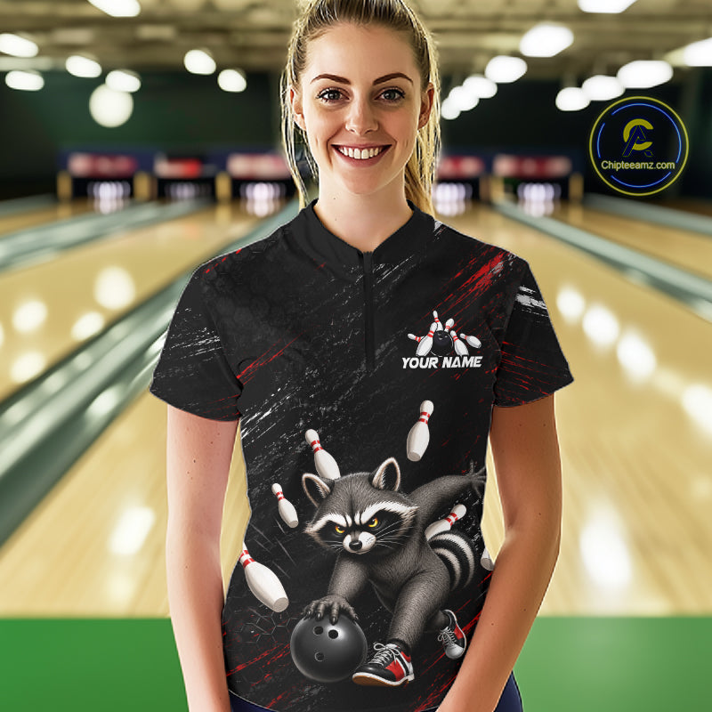 Funny Raccoon Custom Bowling Jersey for Women Bowling Team Shirts Bowling League Polo & 1/4 Zip HNT492