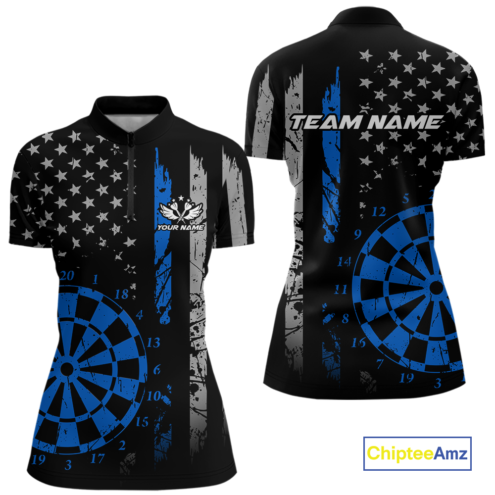 Custom Blue US Flag Darts Shirt for Women Darts Team Jerseys Dart Tournament Polo & 1/4 Zip NNT116