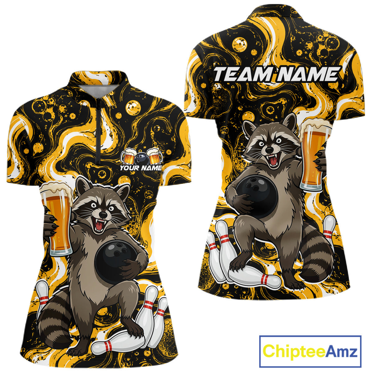 Custom Beer Raccoon Bowling Shirt for Women Bowling Polo & 1/4 Zip Bowling Team Shirts HNT311