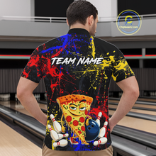 Load image into Gallery viewer, Man wearing a black bowling quarter zip featuring colorful red, yellow, and blue paint splatter graphics, a cartoon pizza slice mascot, bowling pins, and custom team name text.