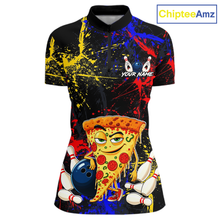 Load image into Gallery viewer, Front views of a black bowling quarter zip featuring colorful red, yellow, and blue paint splatter graphics, a cartoon pizza slice mascot, bowling pins, and custom your name text.