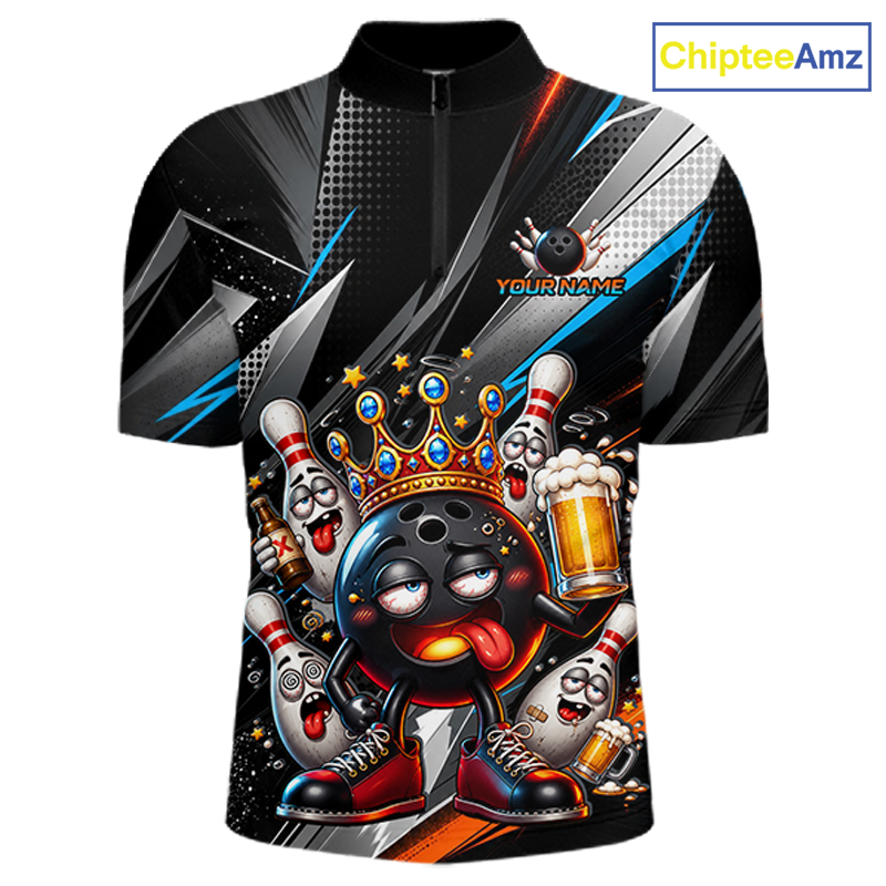 Front view personalized bowling quarter zip shirt with a crowned bowling ball character surrounded by pins and angled graphic patterns across a black layout.