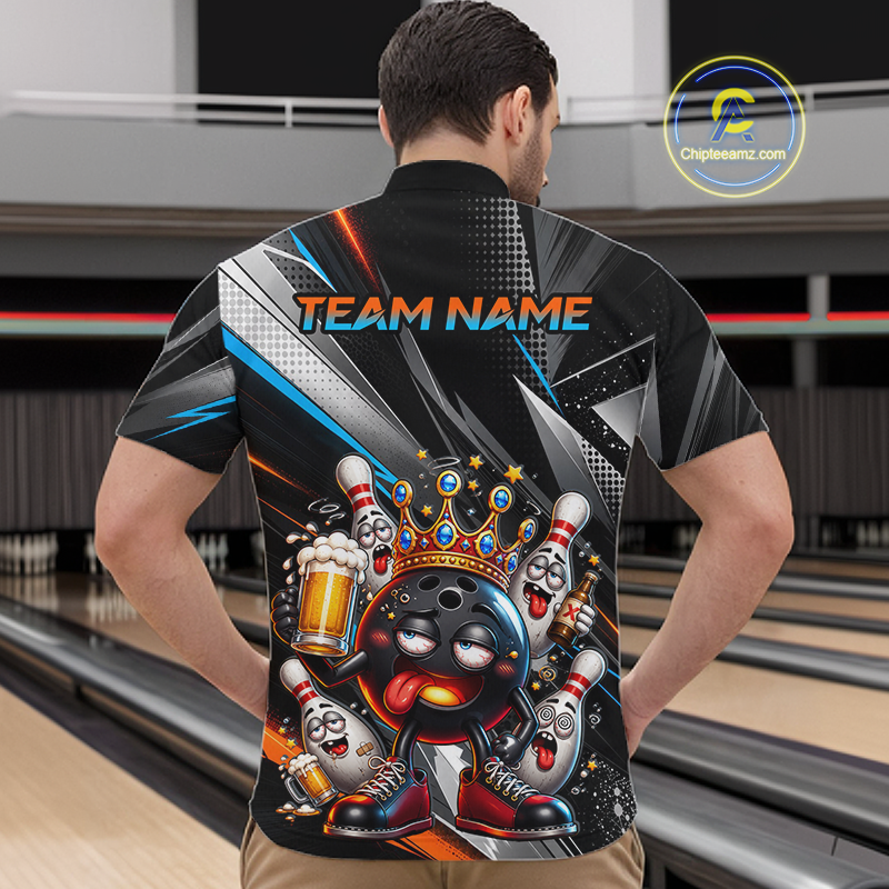 Men wearing personalized bowling quarter zip shirt with a crowned bowling ball character surrounded by pins and angled graphic patterns across a black layout.