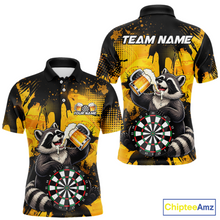 Load image into Gallery viewer, Front and back views of a black and yellow darts polo featuring a raccoon drinking beer, dartboard graphics, and custom team and player name text.