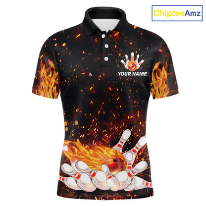 Custom Orange Flame Bowling Jersey for Men Bowling Team Shirts Bowling League Polo & 1/4 Zip HNT498