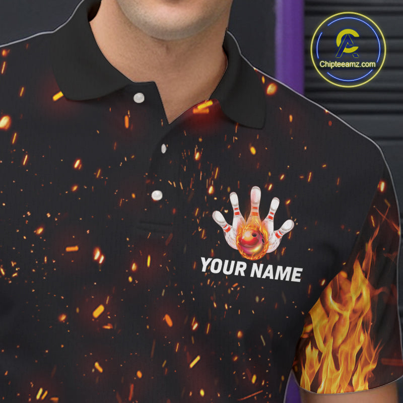 Custom Orange Flame Bowling Jersey for Men Bowling Team Shirts Bowling League Polo & 1/4 Zip HNT498