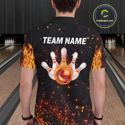 Custom Orange Flame Bowling Jersey for Men Bowling Team Shirts Bowling League Polo & 1/4 Zip HNT498