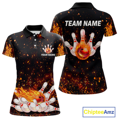 Custom Orange Flame Bowling Jersey for Women Bowling Team Shirts Bowling League Polo & 1/4 Zip HNT498