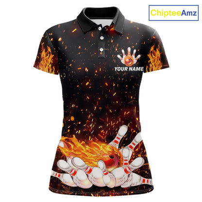 Custom Orange Flame Bowling Jersey for Women Bowling Team Shirts Bowling League Polo & 1/4 Zip HNT498