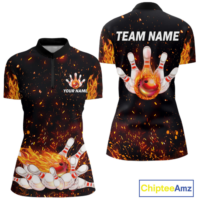 Custom Orange Flame Bowling Jersey for Women Bowling Team Shirts Bowling League Polo & 1/4 Zip HNT498