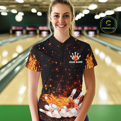Custom Orange Flame Bowling Jersey for Women Bowling Team Shirts Bowling League Polo & 1/4 Zip HNT498