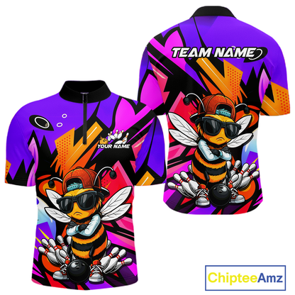 Custom Funny Bee Graffiti Pattern Bowling Jersey for Men Bowling Team Shirts Polo & 1/4 Zip HNT174