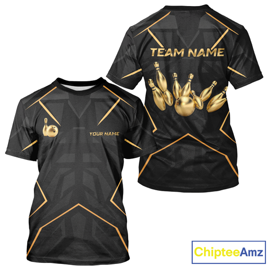 Black and gold bowling-themed shirt with customizable text on a white background