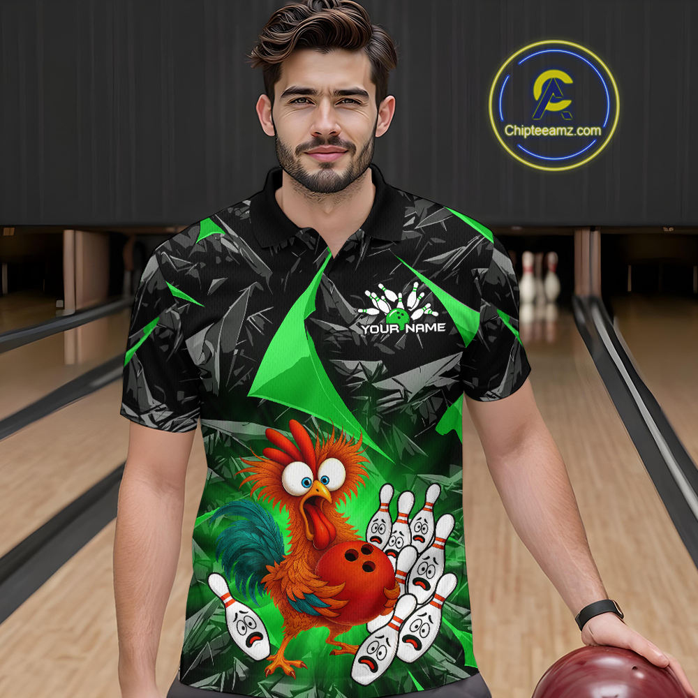 Custom Green Funny Chicken Bowling Jersey for Men Bowling Team Shirts  Polo & 1/4 Zip HNT138