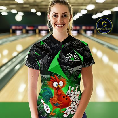 Custom Green Funny Chicken Bowling Jersey for Women Bowling Team Shirts Polo & 1/4 Zip HNT138