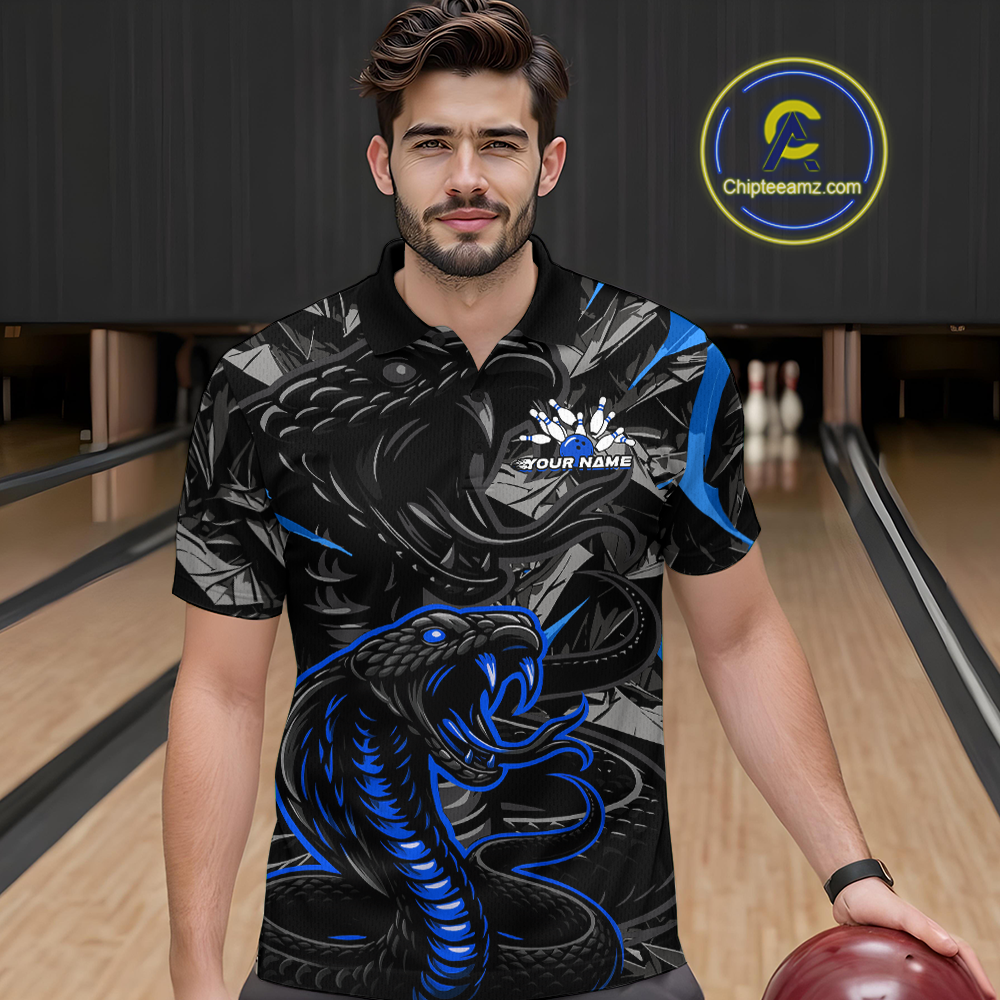 Custom Blue Cobra Snake Bowling Jersey for Men Bowling Team Shirts Bowling Uniform Polo & 1/4 Zip HNT137