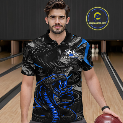 Custom Blue Cobra Snake Bowling Jersey for Men Bowling Team Shirts Bowling Uniform Polo & 1/4 Zip HNT137