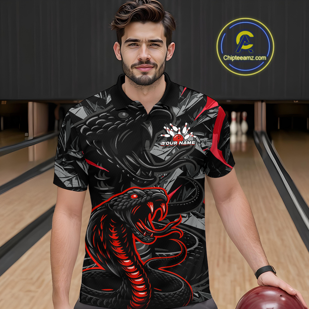 Custom Red Cobra Snake Bowling Jersey for Men Bowling Team Shirts Bowling Uniform Polo & 1/4 Zip HNT137