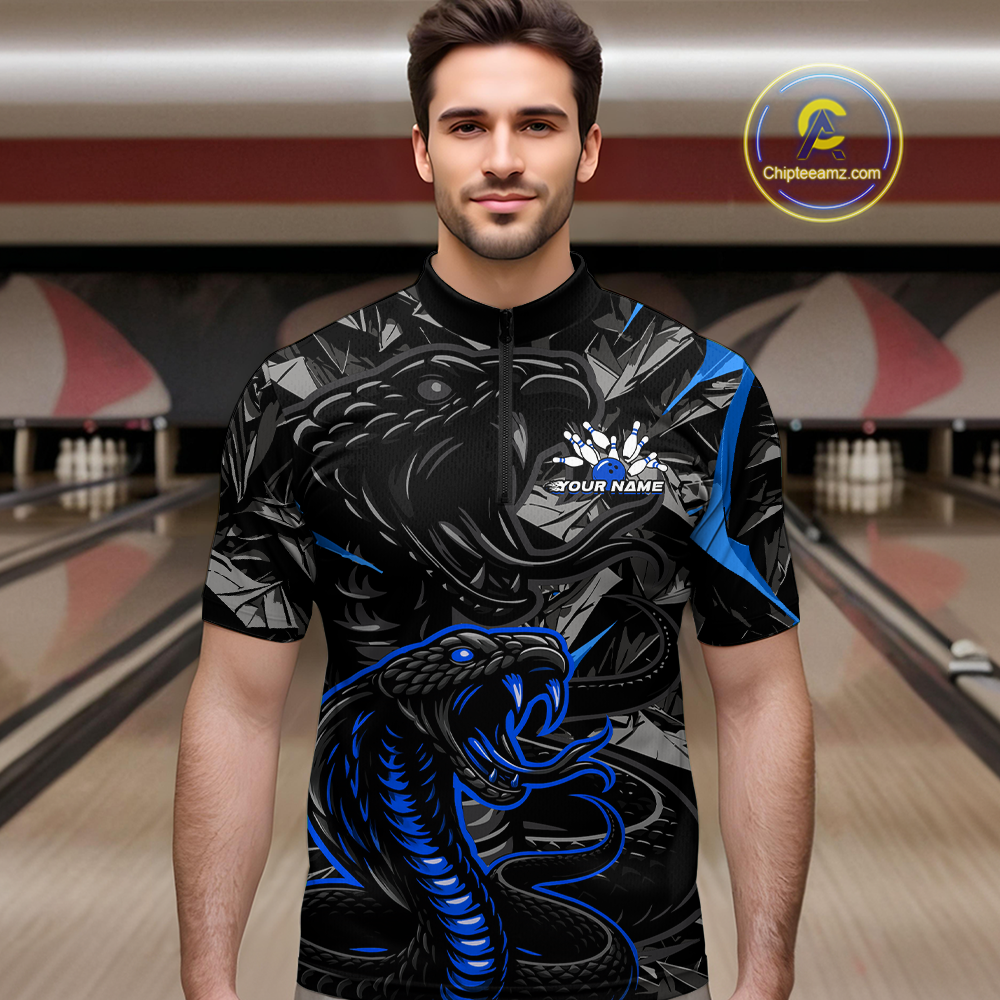 Custom Blue Cobra Snake Bowling Jersey for Men Bowling Team Shirts Bowling Uniform Polo & 1/4 Zip HNT137