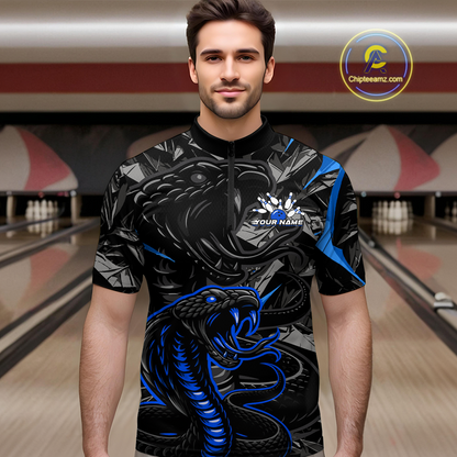 Custom Blue Cobra Snake Bowling Jersey for Men Bowling Team Shirts Bowling Uniform Polo & 1/4 Zip HNT137