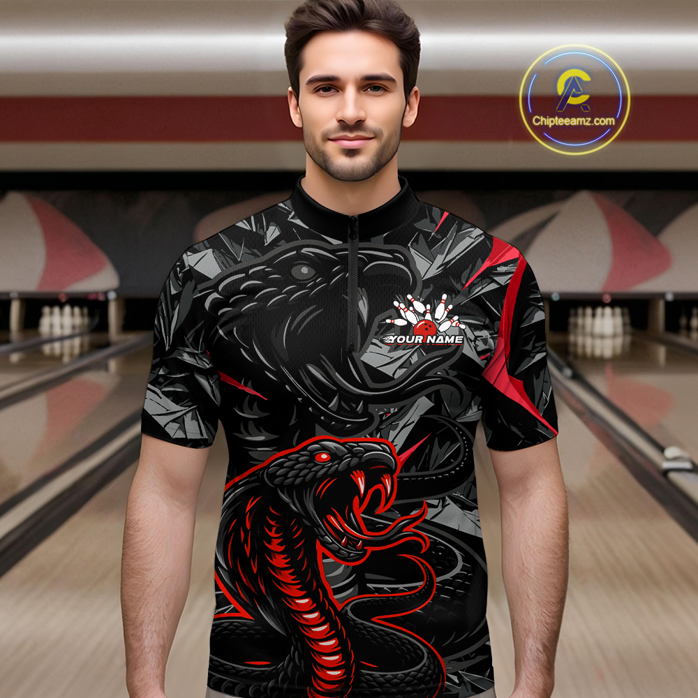 Custom Red Cobra Snake Bowling Jersey for Men Bowling Team Shirts Bowling Uniform Polo & 1/4 Zip HNT137