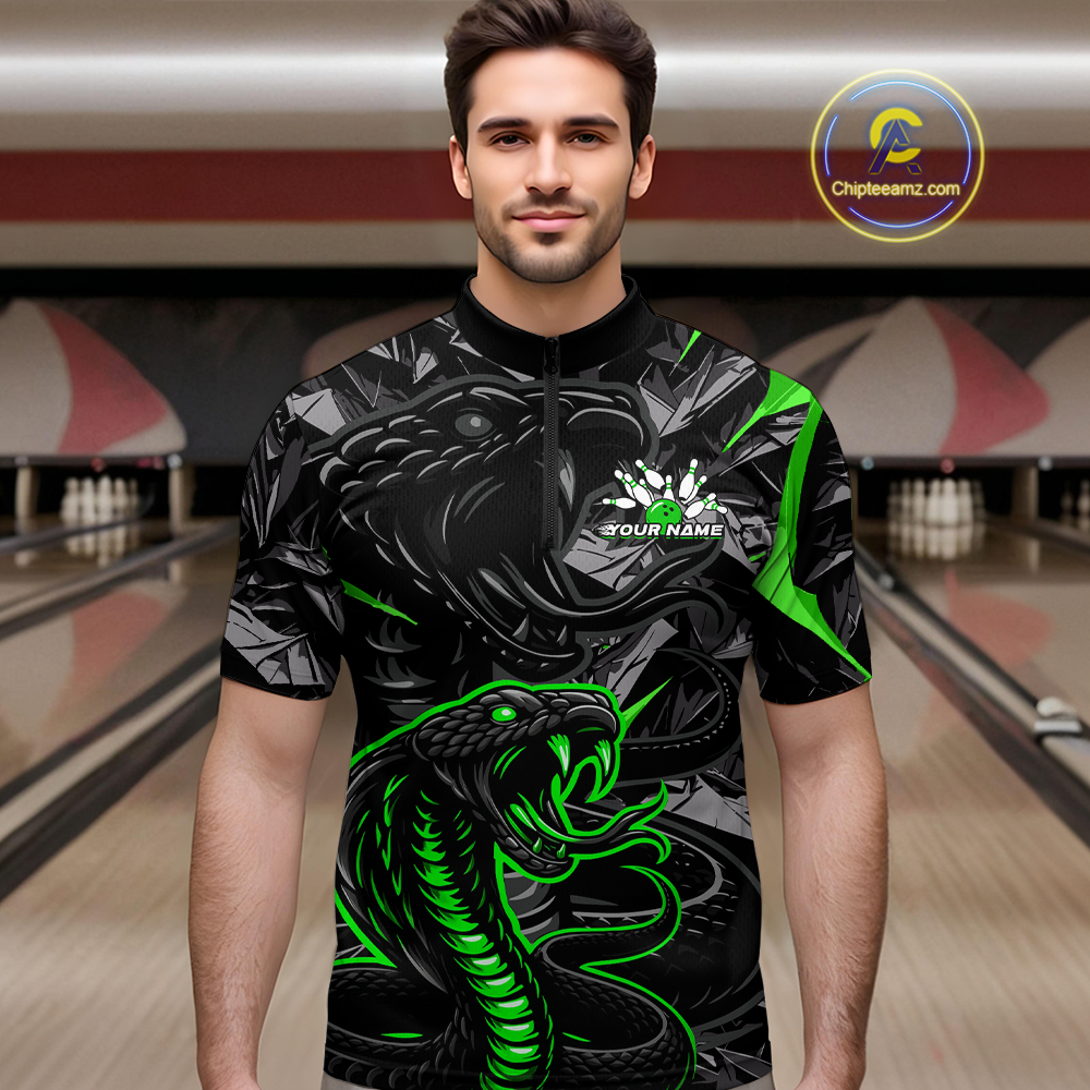 Custom Green Cobra Snake Bowling Jersey for Men Bowling Team Shirts Bowling Uniform Polo & 1/4 Zip HNT137