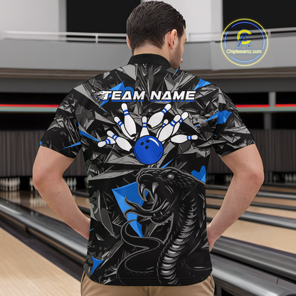 Custom Blue Cobra Snake Bowling Jersey for Men Bowling Team Shirts Bowling Uniform Polo & 1/4 Zip HNT137