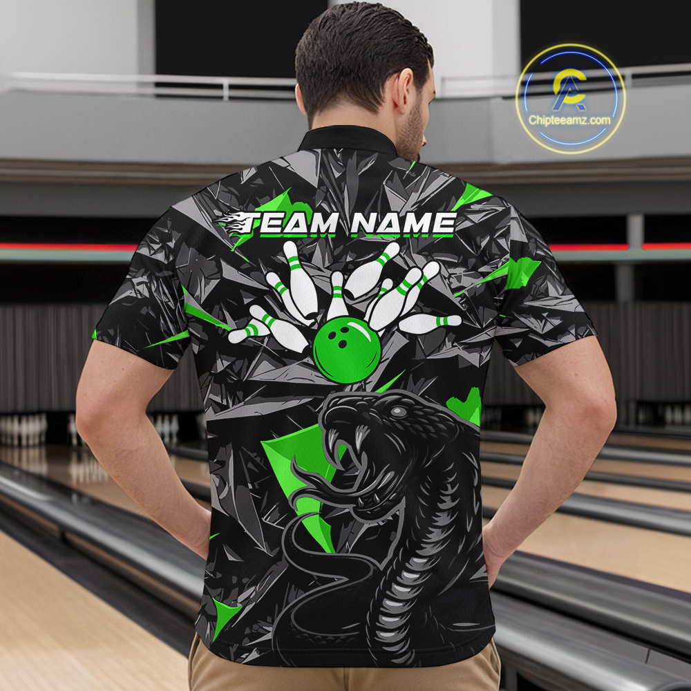 Custom Green Cobra Snake Bowling Jersey for Men Bowling Team Shirts Bowling Uniform Polo & 1/4 Zip HNT137