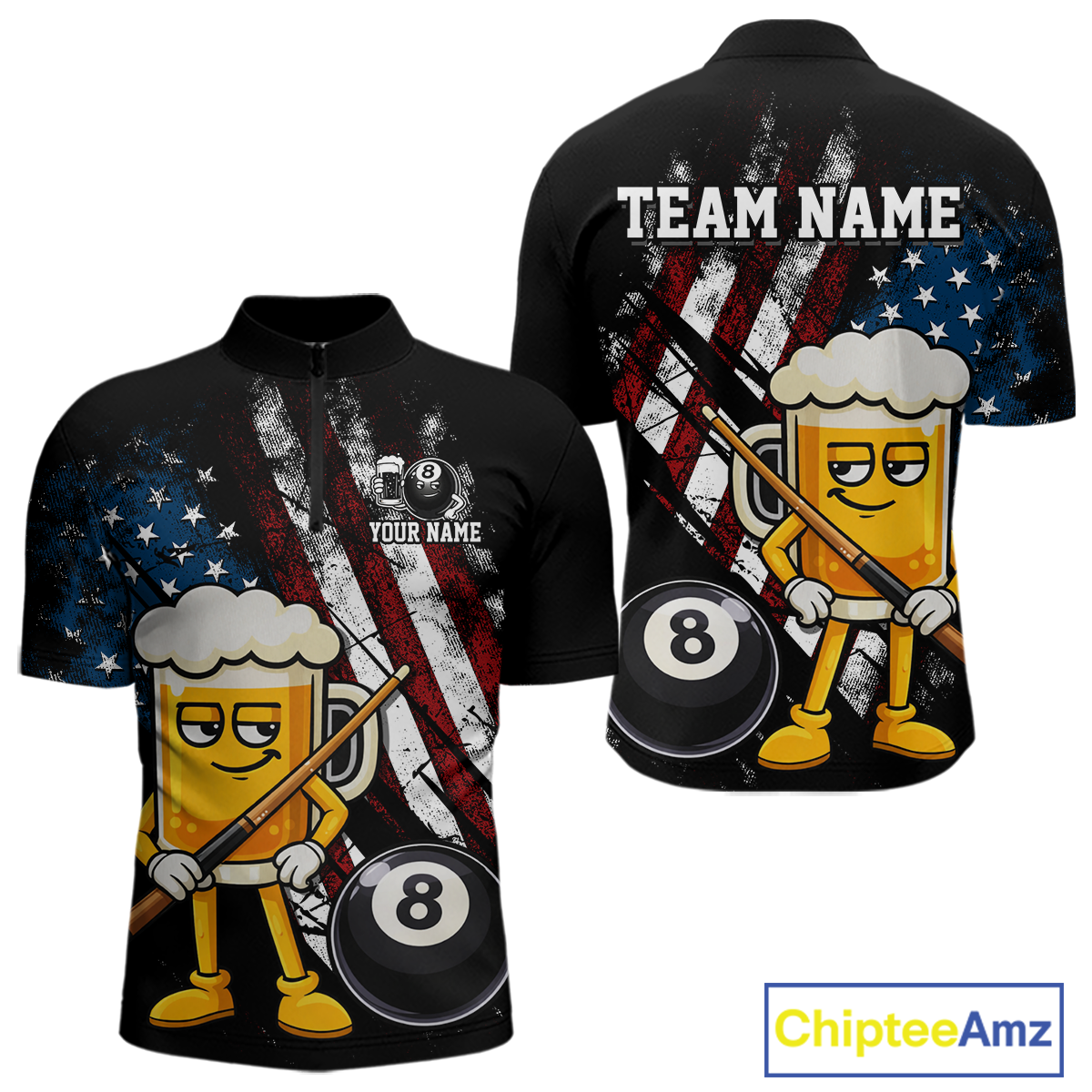 Custom Funny US Flag Beer 8 Ball Pool Men Billiard Polo & 1/4 Zip, Billiard Shirt, Billiard Team Jerseys NNT146