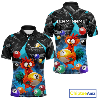 Custom Funny Turquoise Chicken 9 Ball Pool Billiard Shirt for Men Polo & 1/4 Zip, Billiard Team Jerseys NNT157