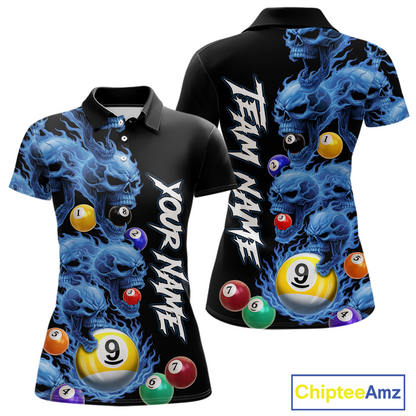 Custom Blue Flame Skull 9 Ball Pool Billiard Shirt for Women Polo & 1/4 Zip, Billiard Team Jerseys NNT159