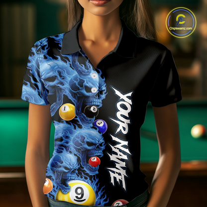 Custom Blue Flame Skull 9 Ball Pool Billiard Shirt for Women Polo & 1/4 Zip, Billiard Team Jerseys NNT159