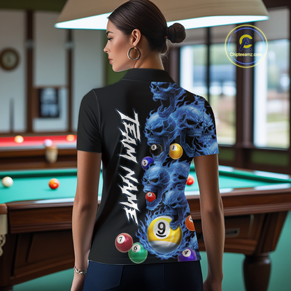 Custom Blue Flame Skull 9 Ball Pool Billiard Shirt for Women Polo & 1/4 Zip, Billiard Team Jerseys NNT159