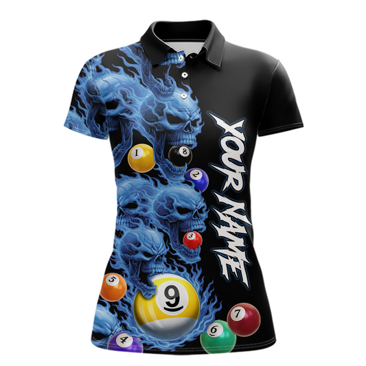 Custom Blue Flame Skull 9 Ball Pool Billiard Shirt for Women Polo & 1/4 Zip, Billiard Team Jerseys NNT159