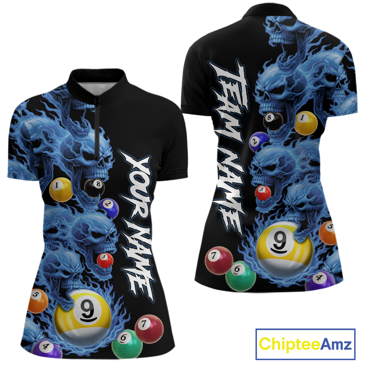 Custom Blue Flame Skull 9 Ball Pool Billiard Shirt for Women Polo & 1/4 Zip, Billiard Team Jerseys NNT159