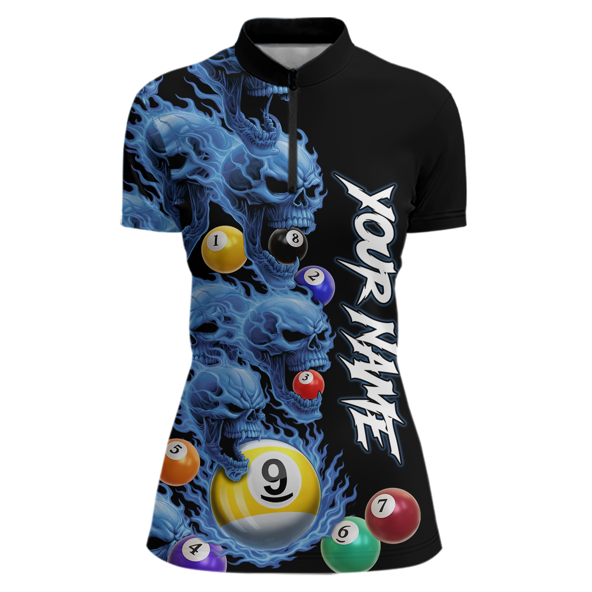 Custom Blue Flame Skull 9 Ball Pool Billiard Shirt for Women Polo & 1/4 Zip, Billiard Team Jerseys NNT159