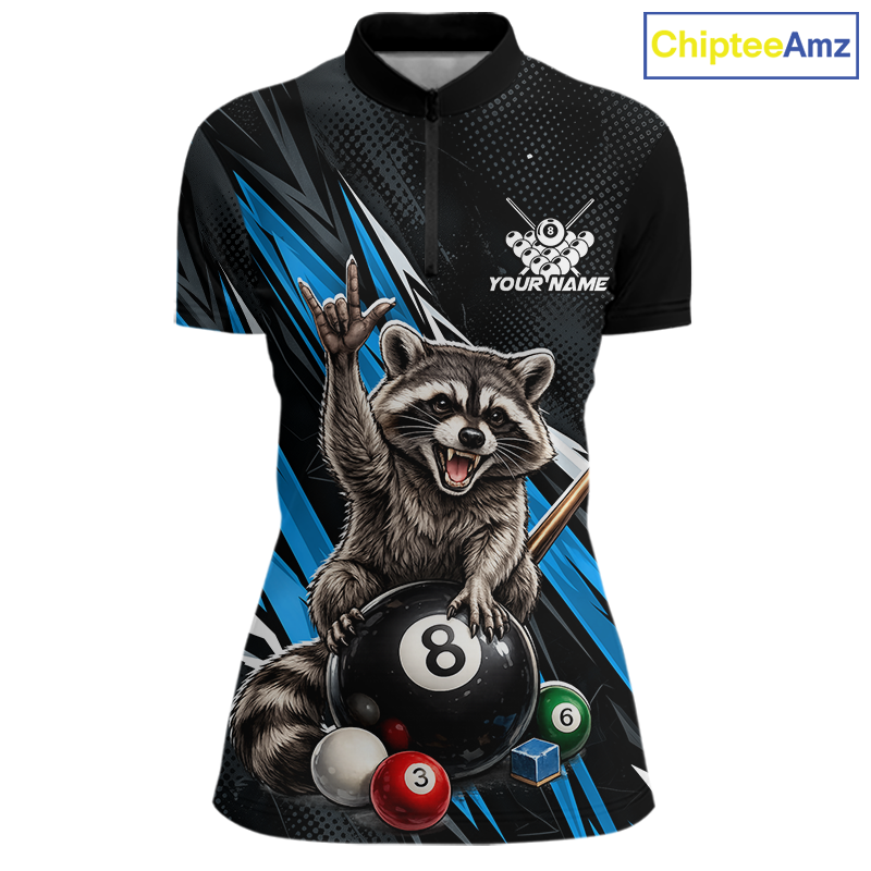 Custom Blue Funny Raccoon 8 Ball Billiard Shirt for Women Billiard Team Jersey Billiard League NNT191