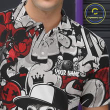 Load image into Gallery viewer, Person wearing a colorful graphic polo shirt with various designs and text.