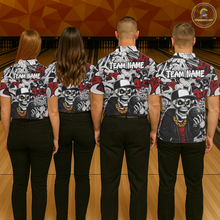 Load image into Gallery viewer, Four people wearing matching shirts with a skull design and 'Team Name' text on a bowling alley background.