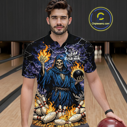 Custom Flame Grim Reaper Bowling Jersey for Men Polo & 1/4 Zip Bowling Team Shirts HNT222