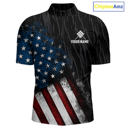 A short-sleeve custom athletic jersey featuring a distressed American flag print on a black background with rain streak graphics. The right chest displays a white logo of crossed bats and a diamond with the text 'YOUR NAME'.