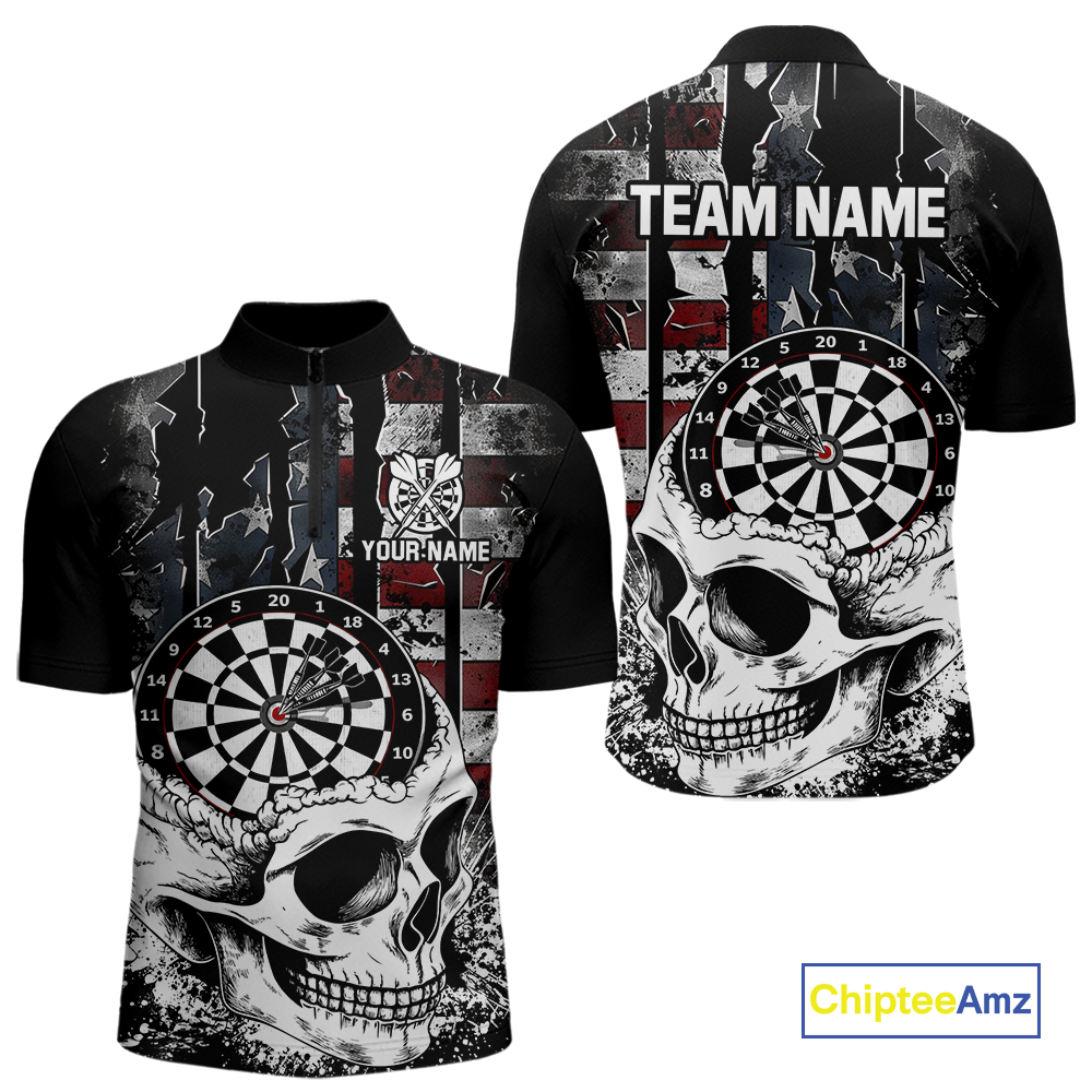 Custom American Flag Skull Dart Shirt Dart Team Jersey for Men Dartboard Shirts Dart League NNT176