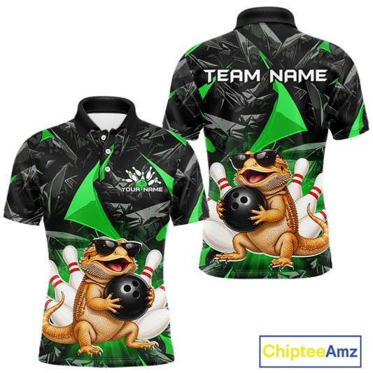 Custom green bearded dragon bowling jersey for men, personalized team bowling polo shirt front view and back view