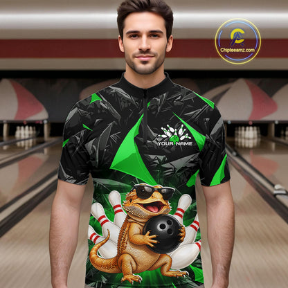 Men’s green bearded dragon bowling quarter zip shirt, front view on male model in bowling lane 
