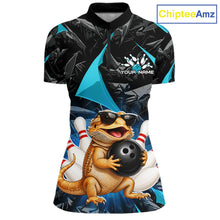 Load image into Gallery viewer, Custom turquoise bearded dragon bowling jersey for women, personalized team bowling quarter zip shirt front view