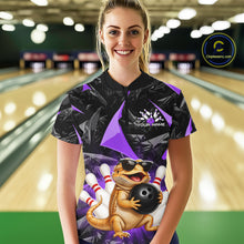 Load image into Gallery viewer, Women’s purple bearded dragon bowling quarter zip shirt, front view on female model in bowling lane 