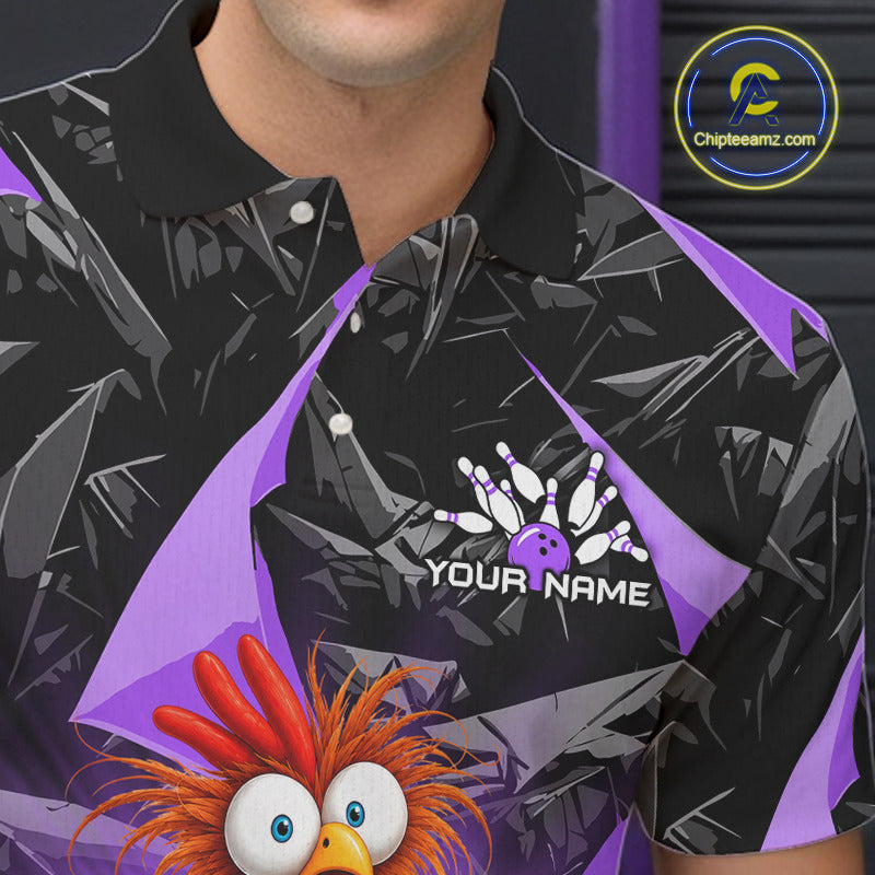 A close-up of a person wearing a black and purple patterned polo shirt with a bowling-themed graphic and the text 'YOUR NAME'. A circular 'ChipteeAmz.