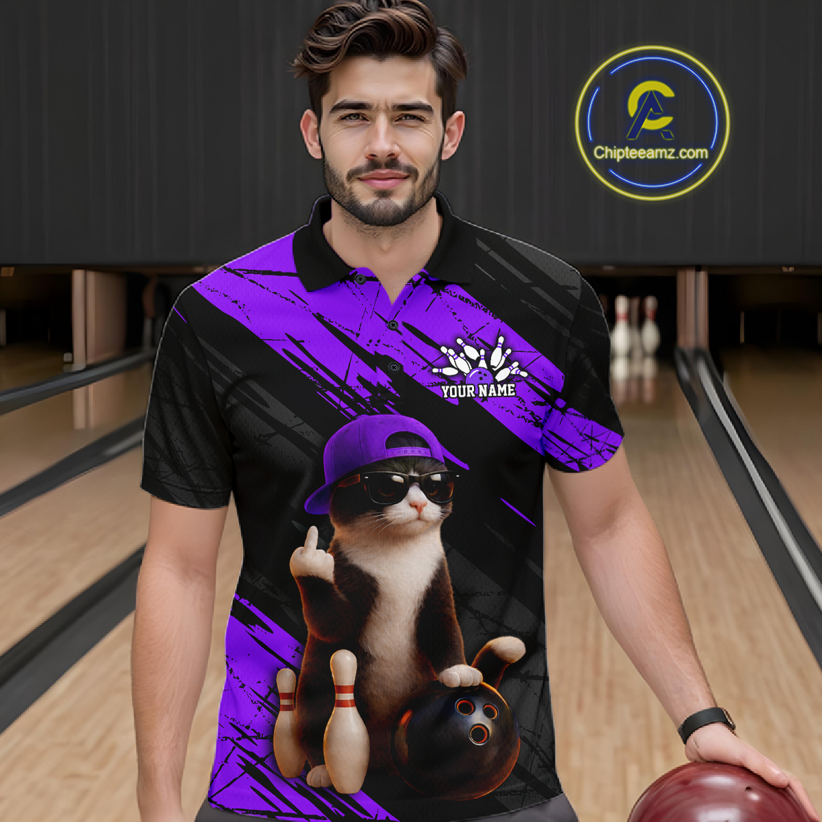 Custom Funny Cat Purple Bowling Jersey for Men Bowling Polo & 1/4 Zip Bowling Team Shirts HNT198