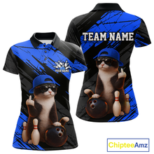 Load image into Gallery viewer, Custom Funny Cat Blue Bowling Jersey for Women Bowling Polo &amp; 1/4 Zip Bowling Team Shirts HNT198